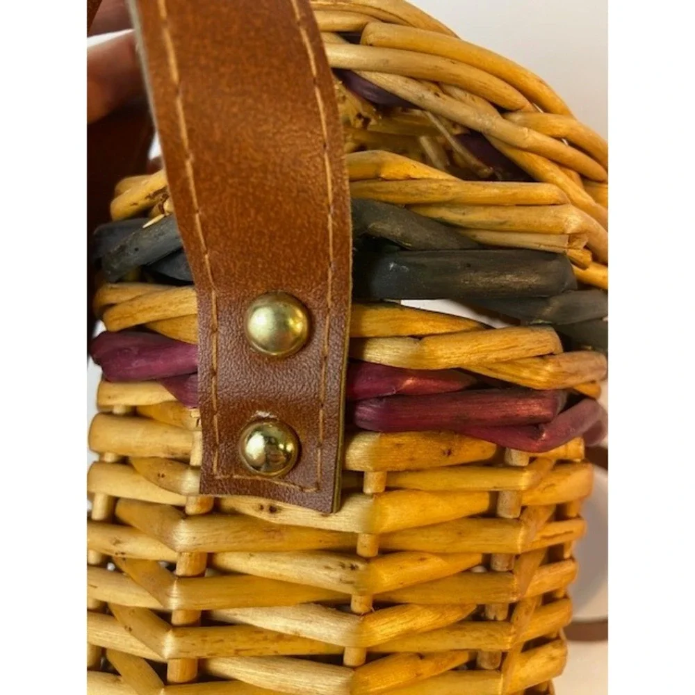 Vintage Wicker Basket Crossbody Bag Woven Picnic Purse Green Purple Accents